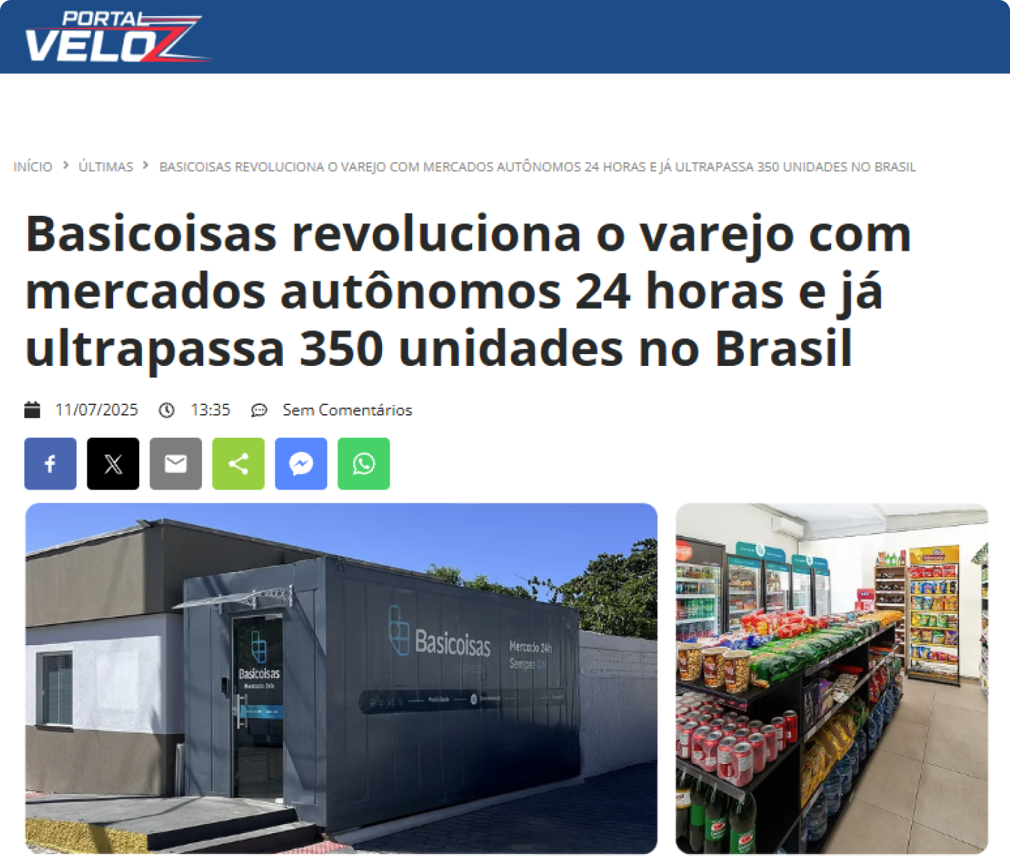Matéria Portal Veloz — Basicoisas revoluciona o varejo com mercados autônomos 24 horas